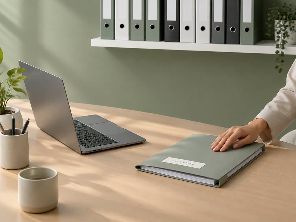 Main posée sur un classeur « Accounting » à côté d'un ordinateur portable
