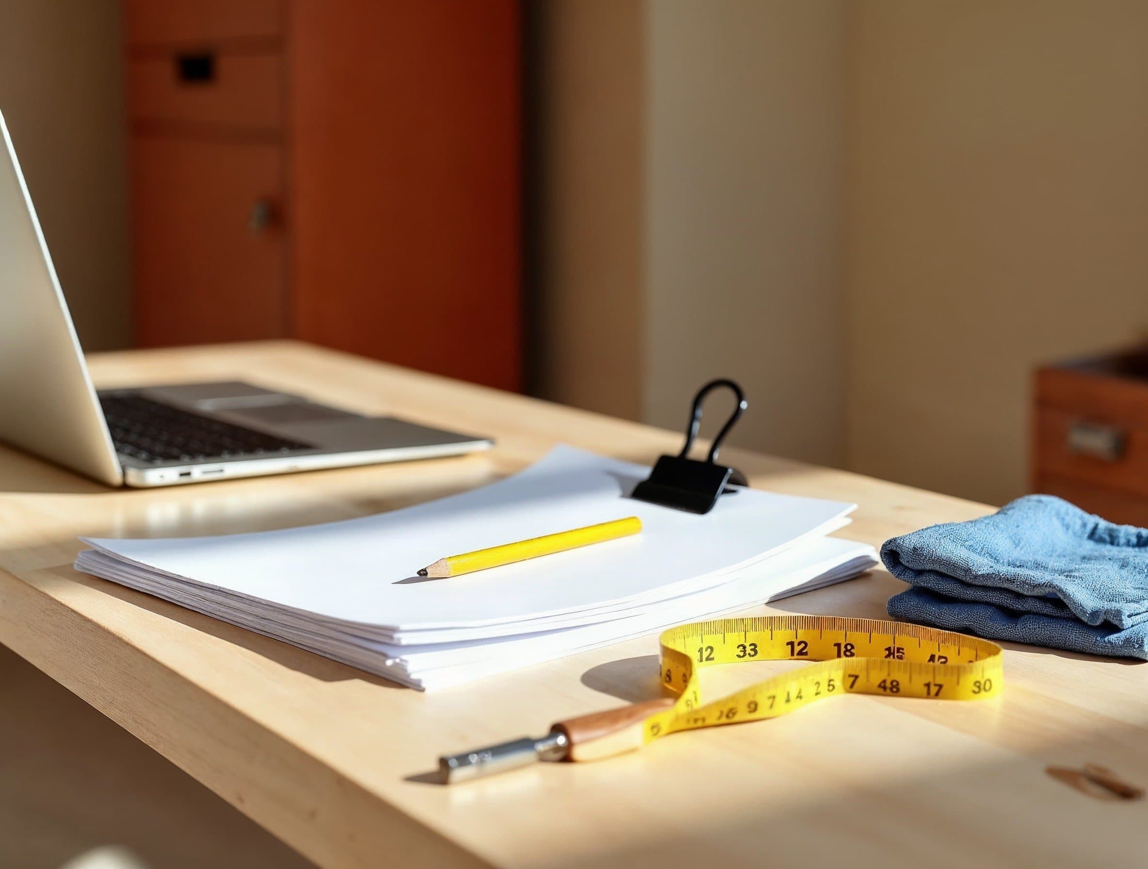 Bureau avec ordinateur portable, papiers et mètre ruban