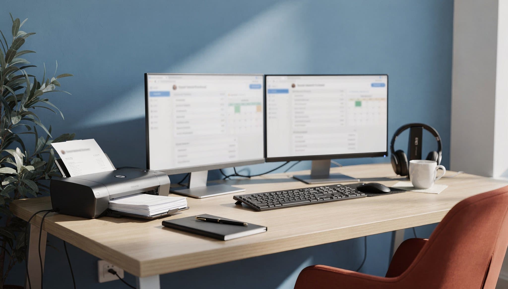 Bureau à deux écrans, imprimante et casque audio