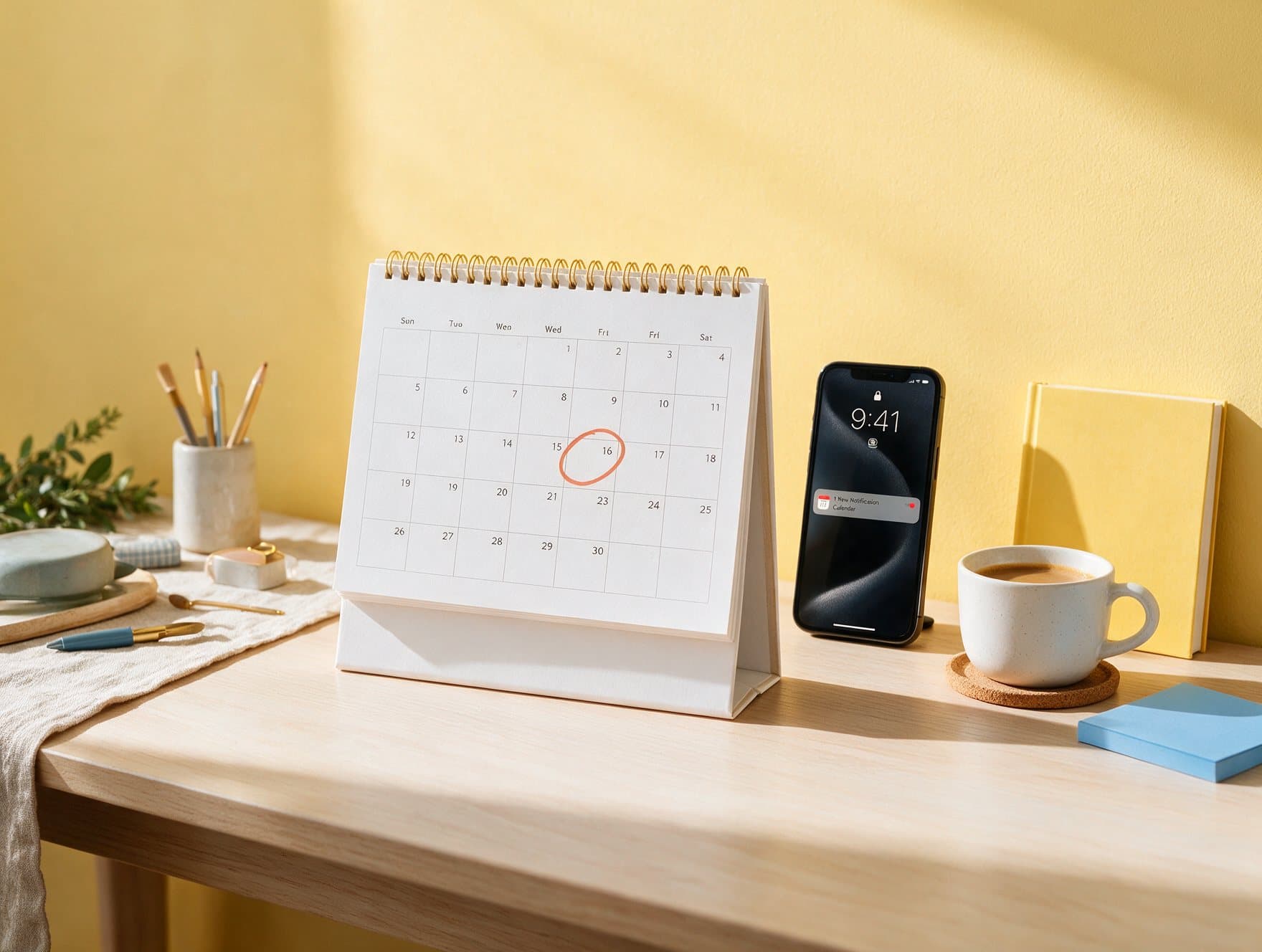 Calendrier de bureau avec une date entourée, à côté d'un téléphone