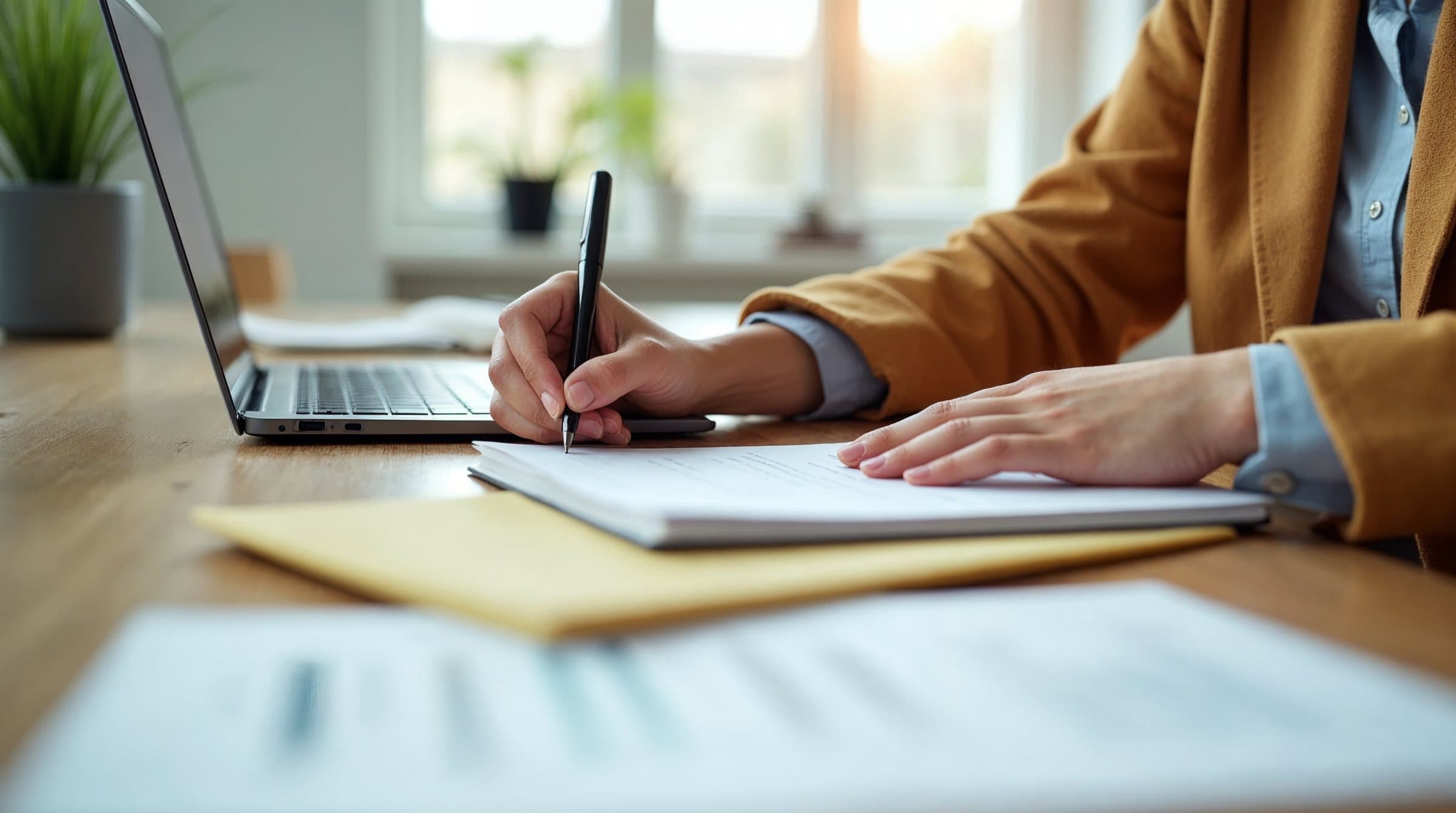 Personne écrivant sur un document posé sur un bureau