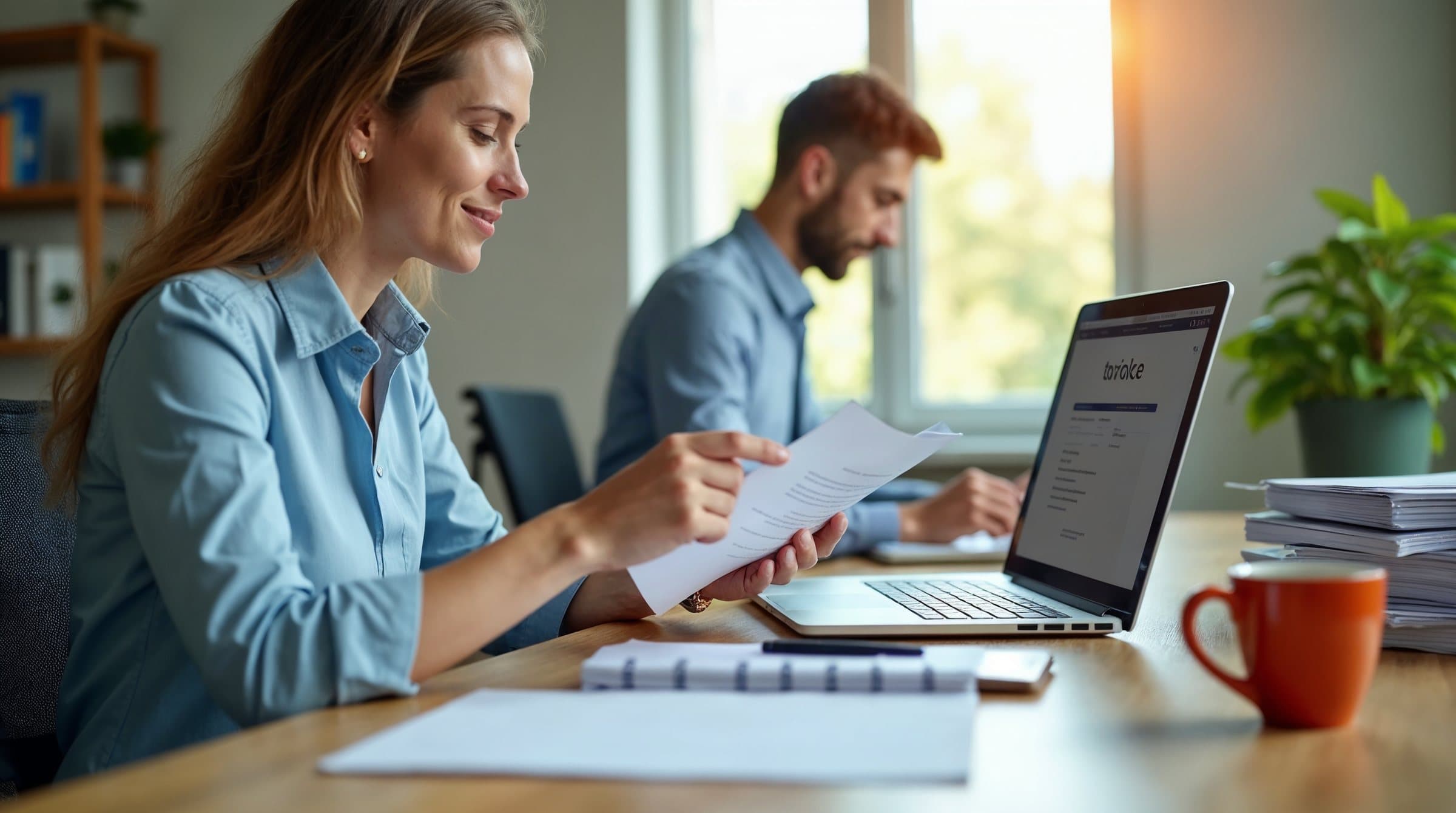 Deux collègues consultant des documents devant un ordinateur portable